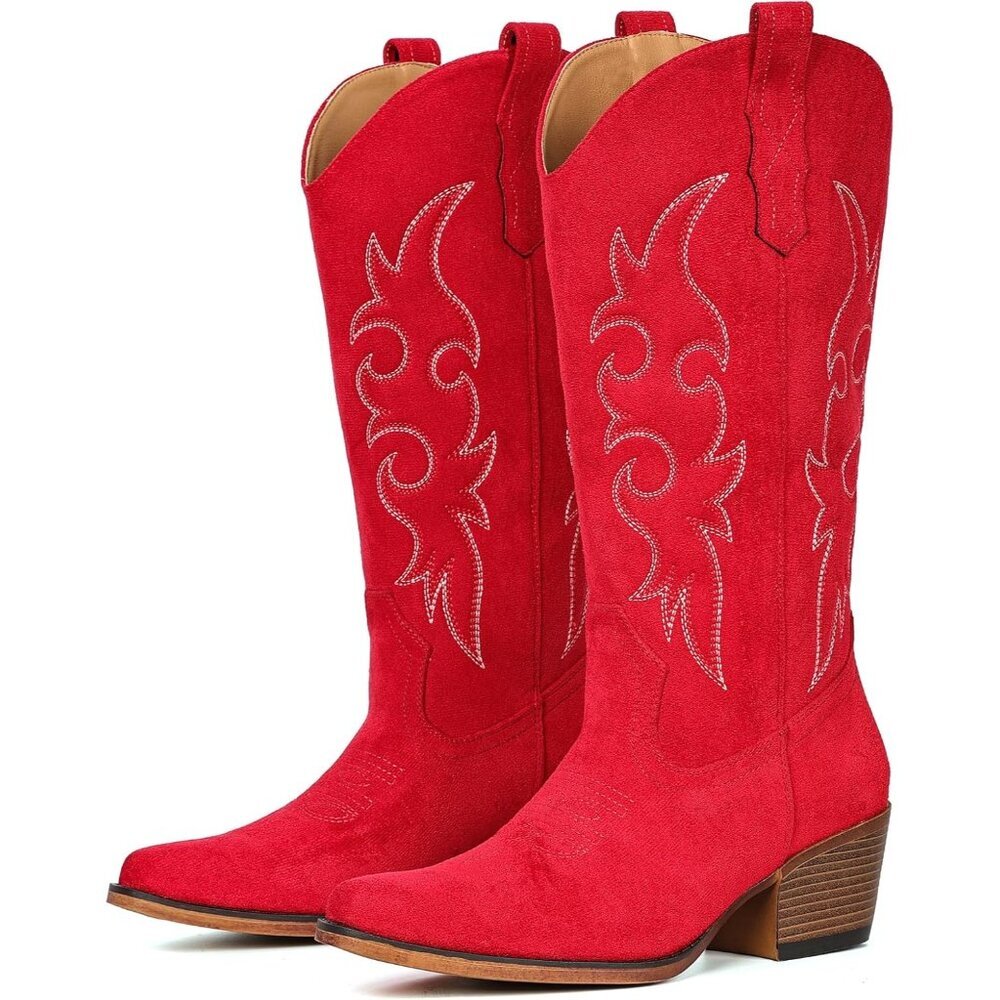 Women's Red Western Cowgirl Boots Mid Calf Snip Toe Boot With Chunky Heel